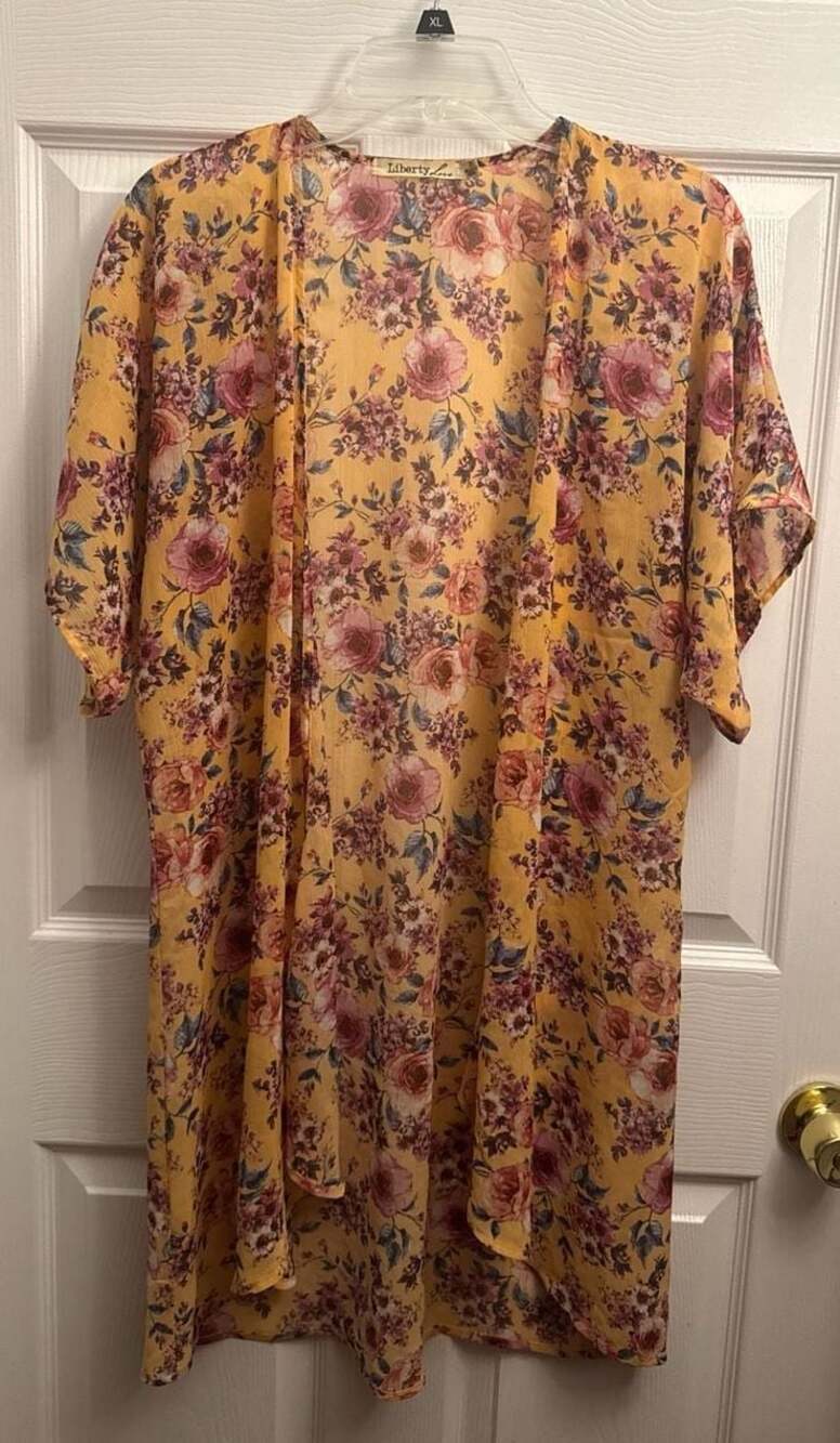 Liberty Love Yellow Floral Sheer Open Front Kimono Size XL